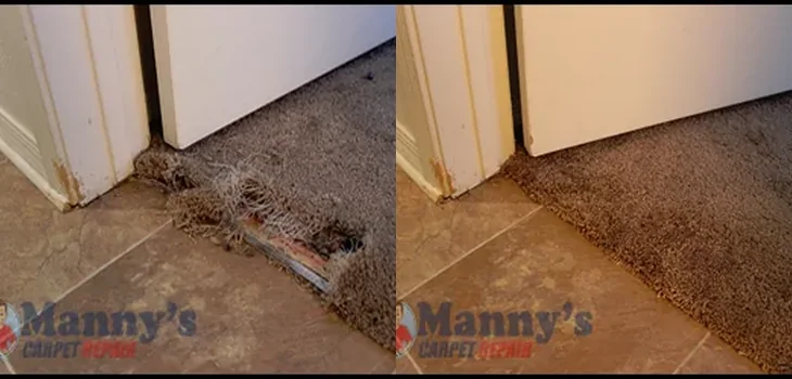 Pet-damaged carpet before and after repair by Manny's